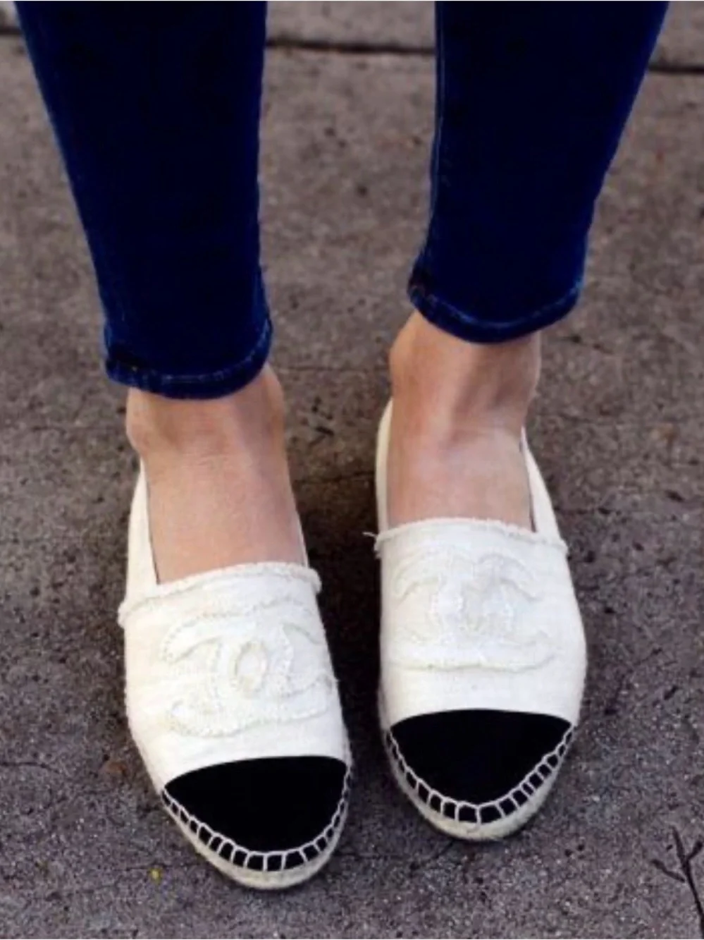 CHANEL White and Black Canvas Espadrilles